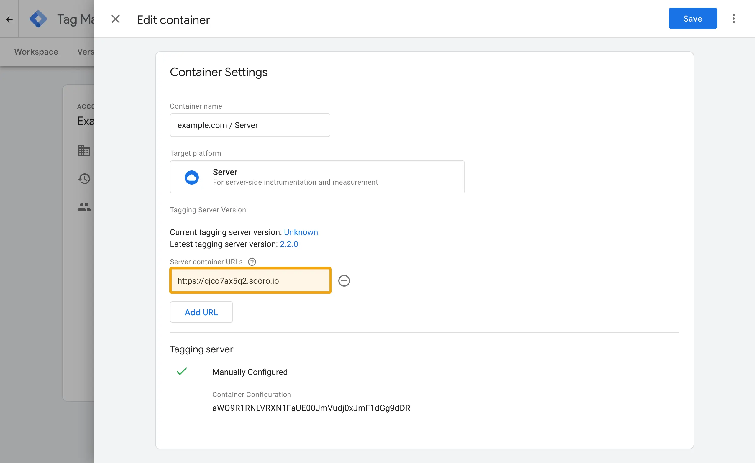 ergänze die Servercontainer URL in den Einstellungen deines Servercontainers