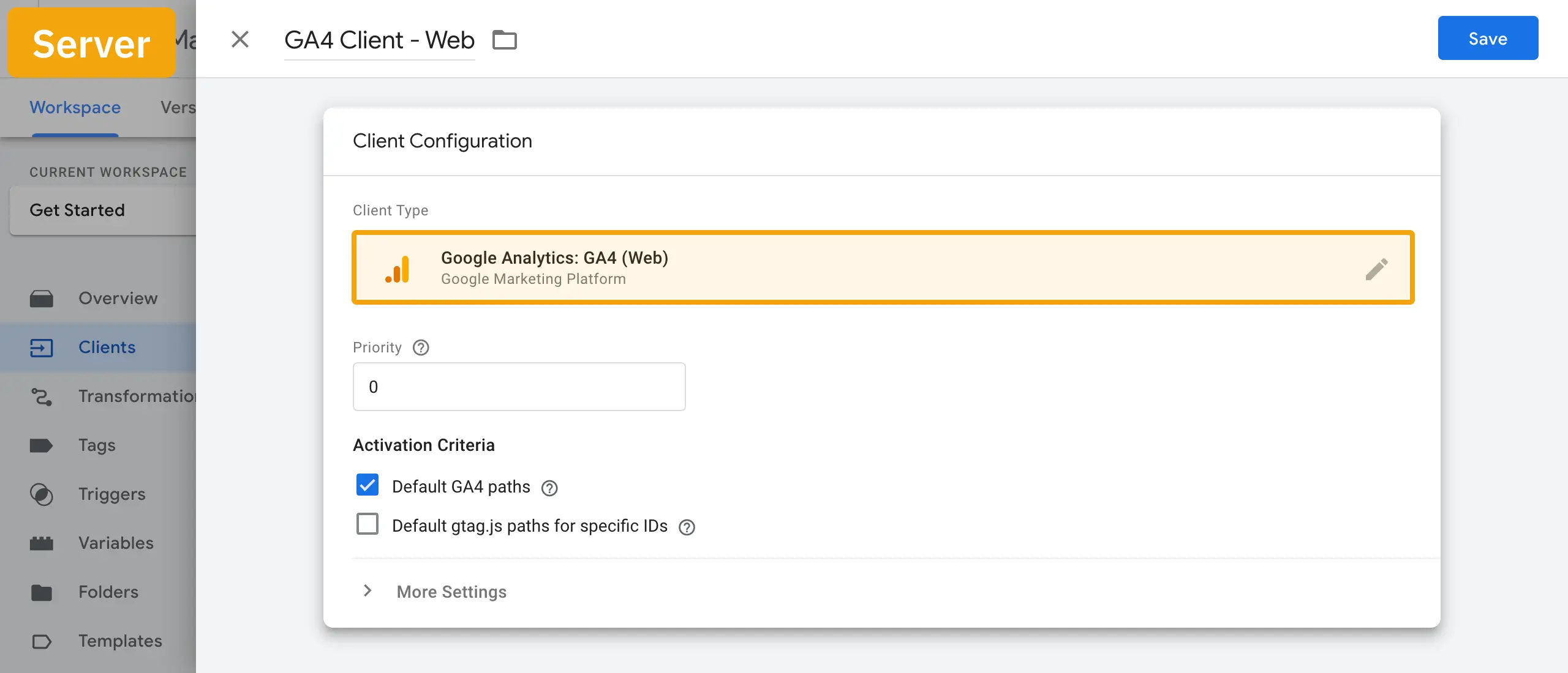 erstelle einen "Google Analytics: GA4 (Web)" Client im Servercontainer