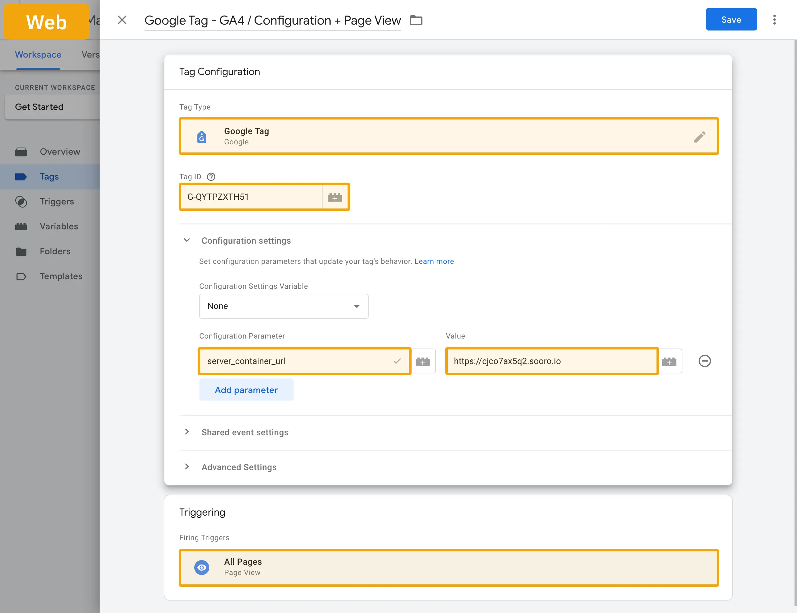 erstelle einen Google-Tag mit dem Parameter server_container_url