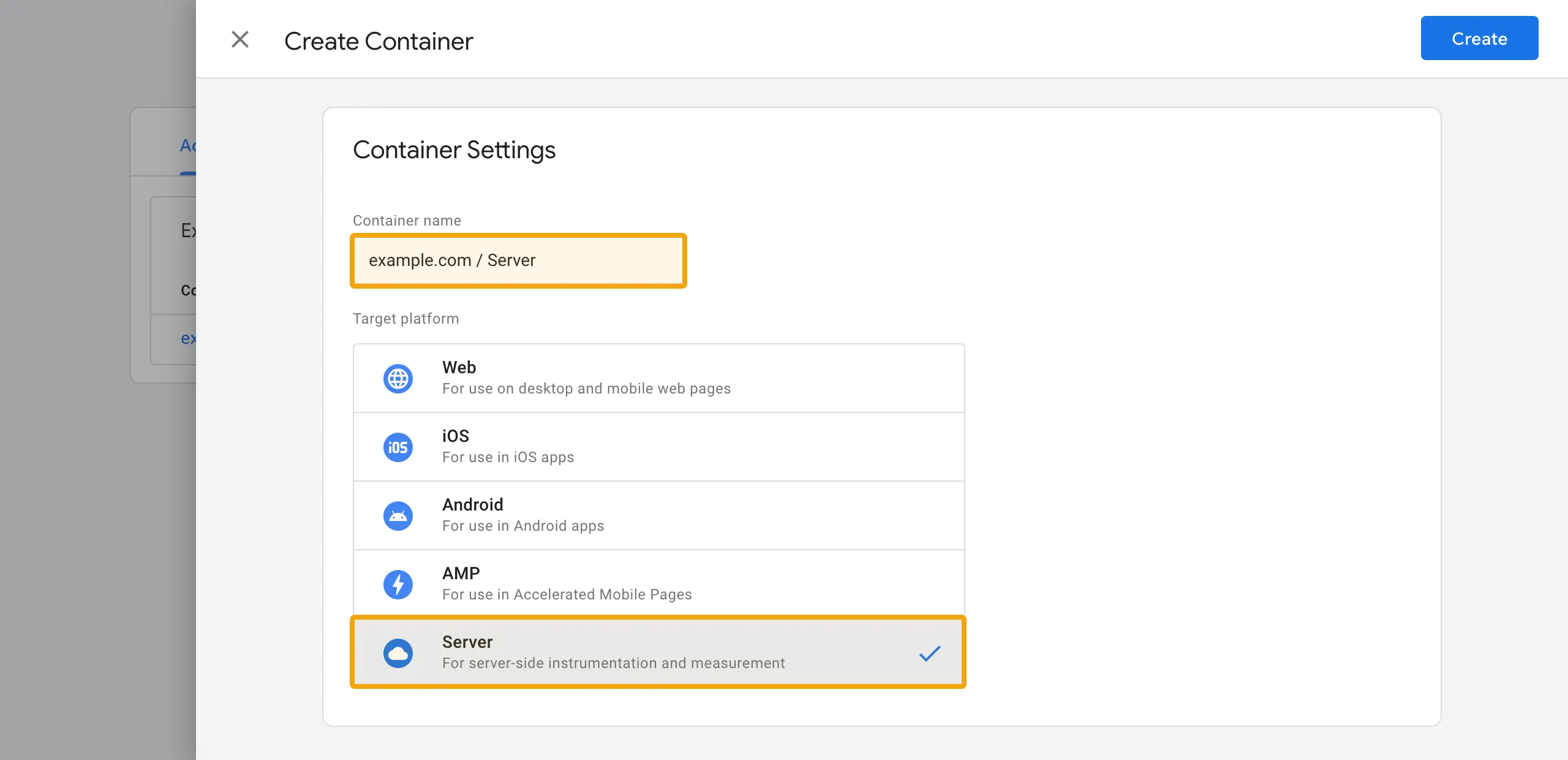 erstelle einen Servercontainer durch die Auswahl der Zielplatform Server