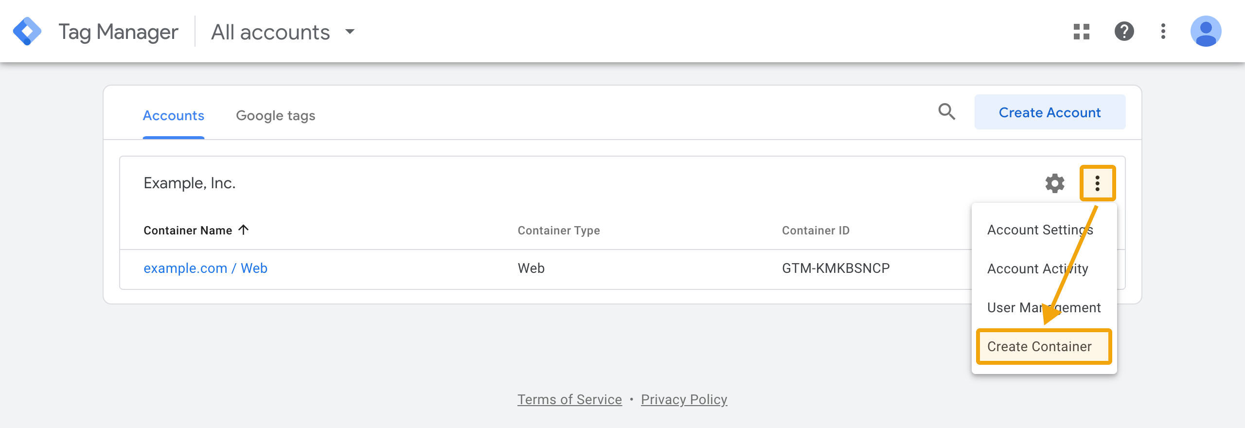starte die Erstellung eines neuen Containers in GTM